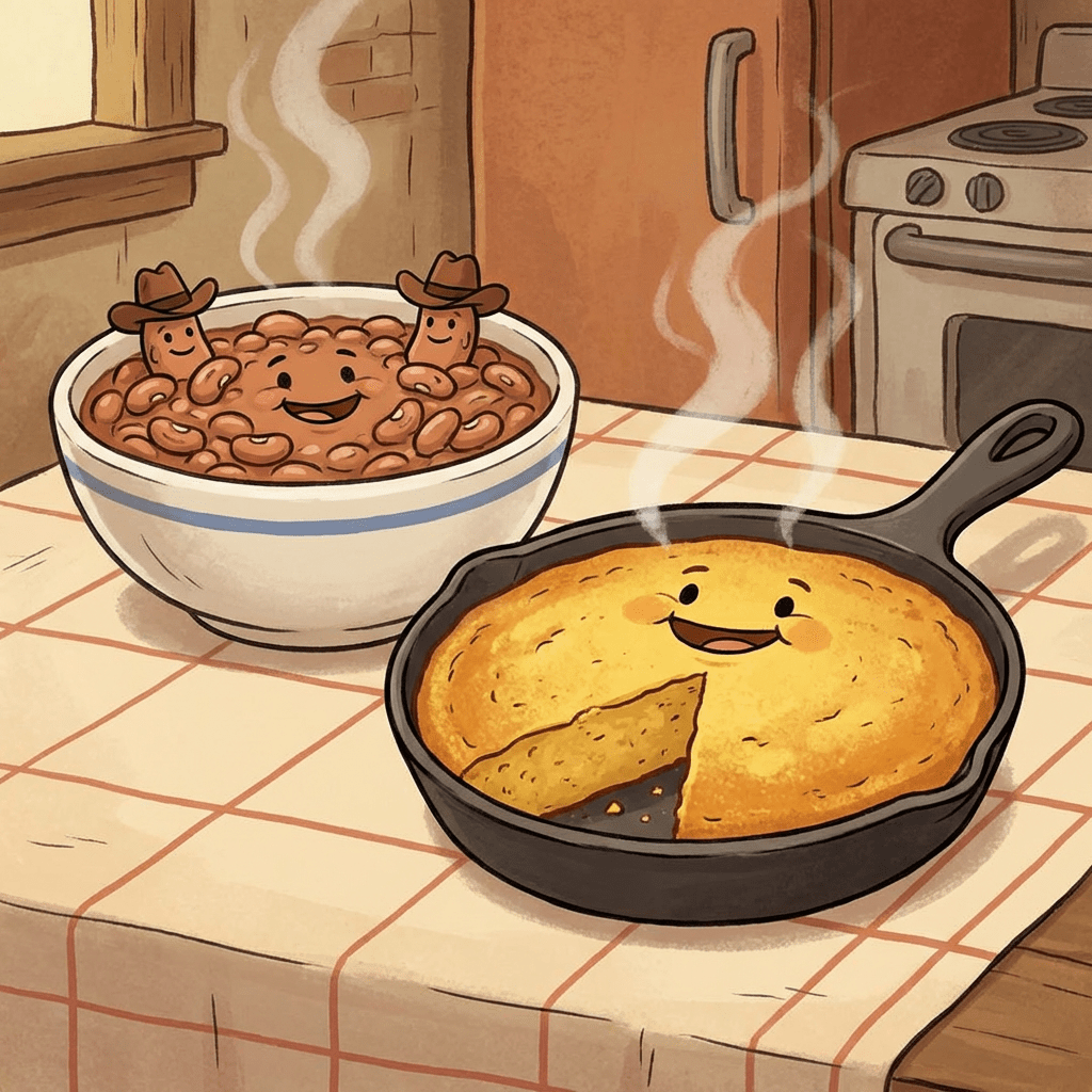 Cartoon illustration of a smiling bowl of beans and cornbread in a skillet.
